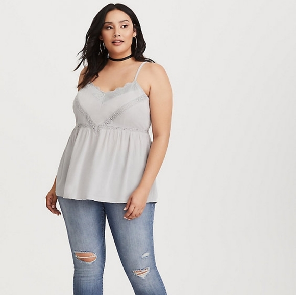 torrid Tops - Torrid Grey Gauze Lace Inset Cami Plus Size